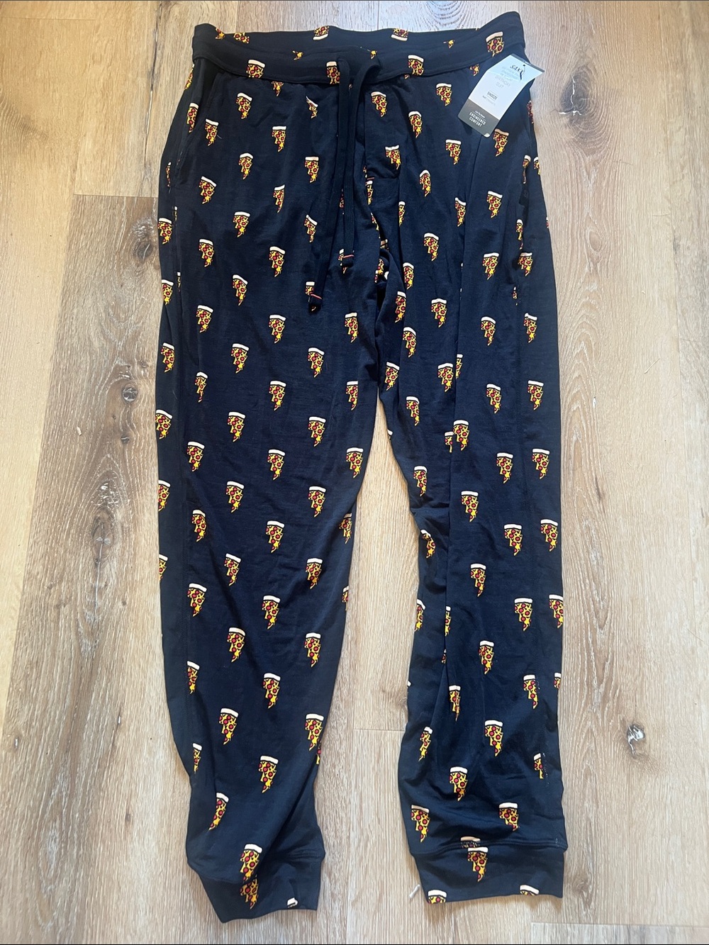 SAXX Snooze Pant Black Pizza-Print Pajama Bottoms with Elastic Waist Large